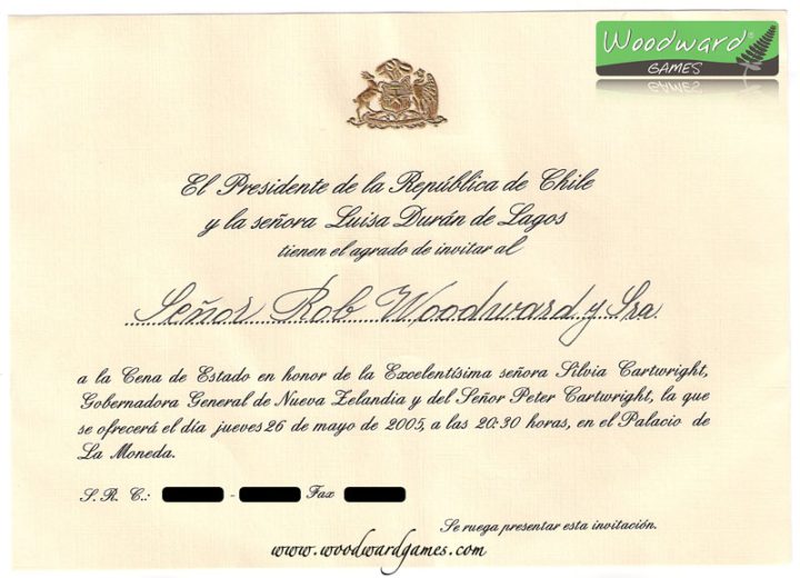 Our official invitation to a State Dinner with the President of Chile and his wife at The Palacio de La Moneda (Moneda Palace) in Santiago, Chile - Woodward Culture