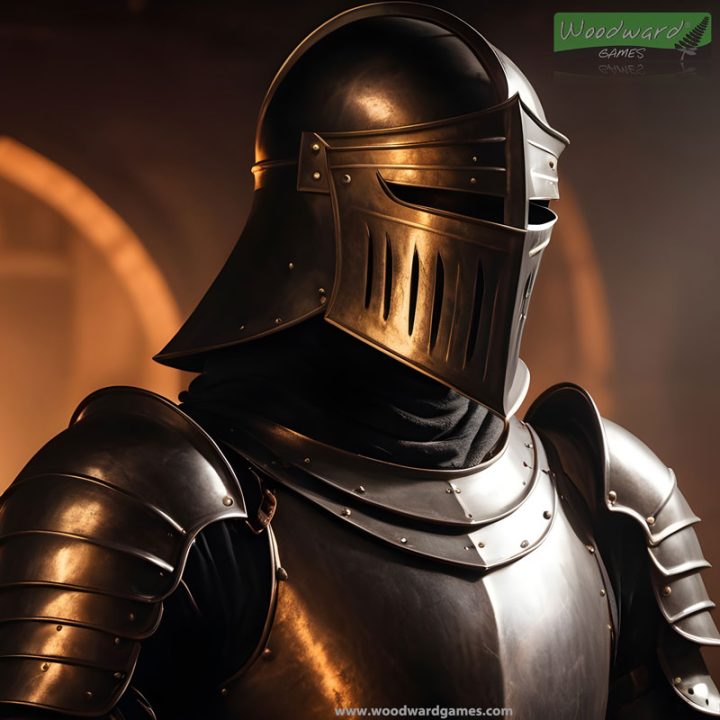 Black Knight Helmet and Armour in the firelight - Woodward Games